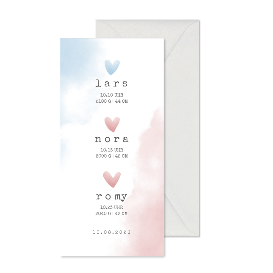 Geburtskarte für einen Drilling rosa-blaue Herzen - Karteneindruck