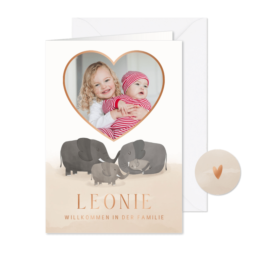 Geburtskarte Geschwister Elefantenfamilie - Karteneindruck
