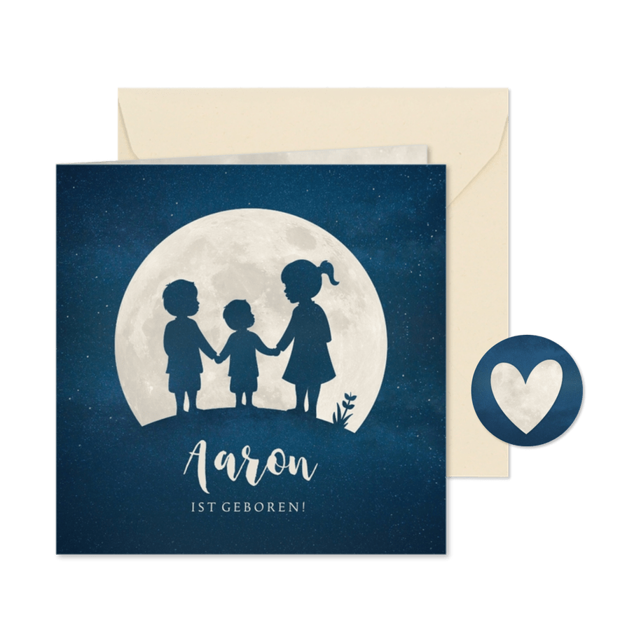 Geburtskarte Geschwister mit 3. Kind Junge Silhouette - Karteneindruck