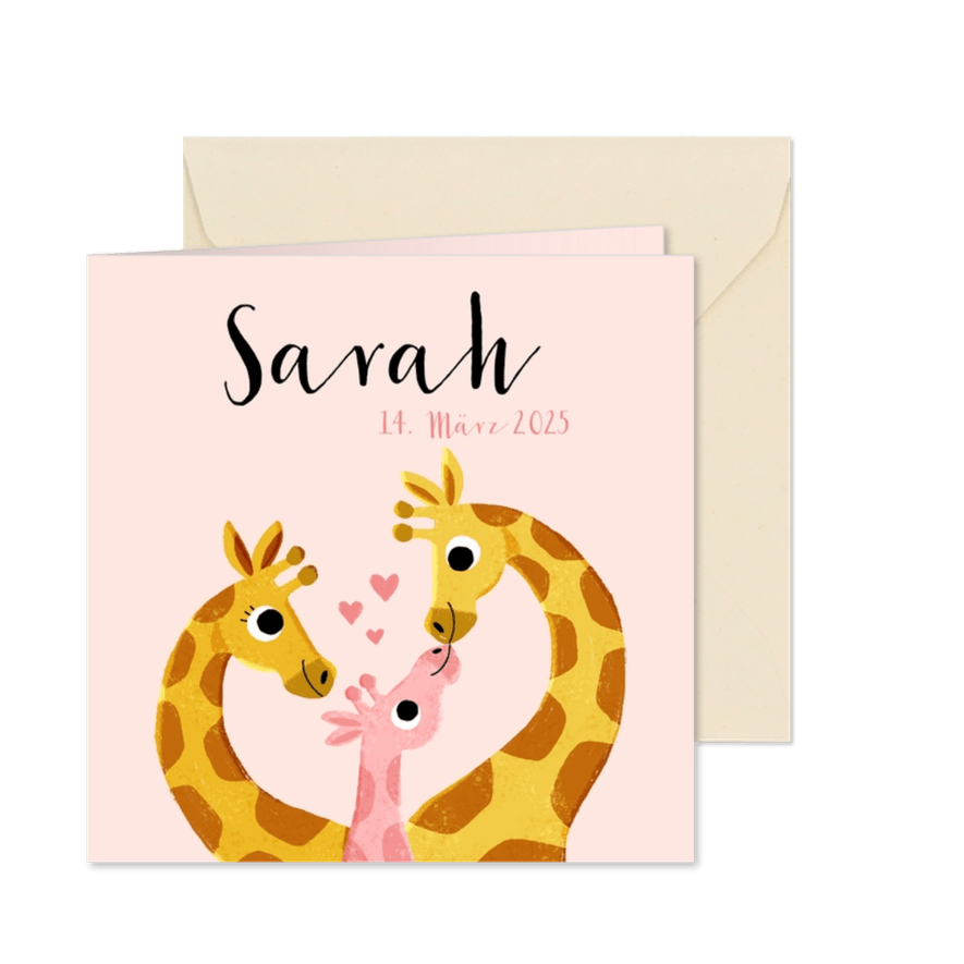 Geburtskarte Giraffenfamilie rosa und Foto innen - Karteneindruck