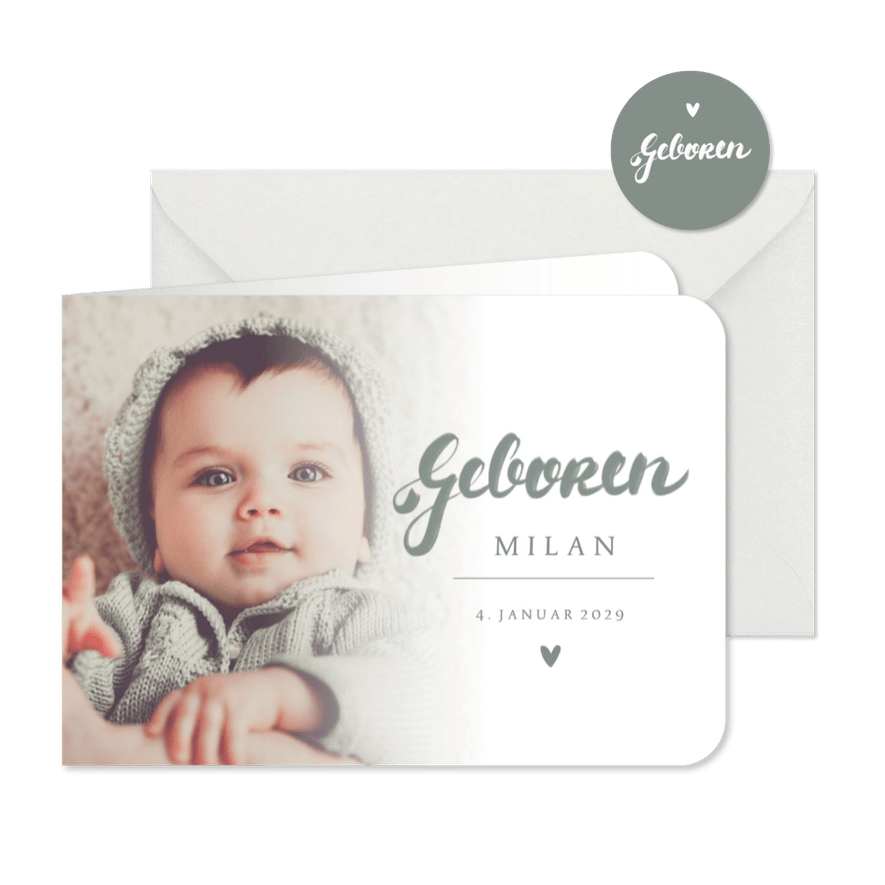 Geburtskarte graublaue Handschrift & Foto - Karteneindruck