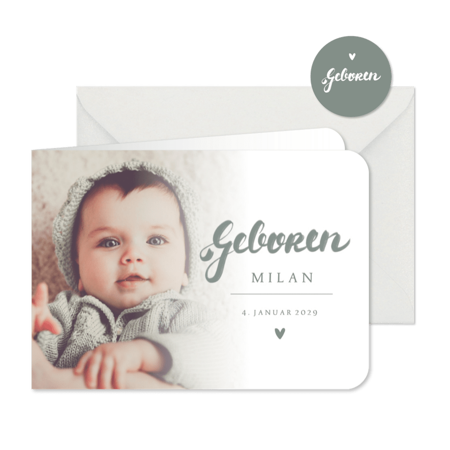 Geburtskarte graublaue Handschrift & Foto - Karteneindruck