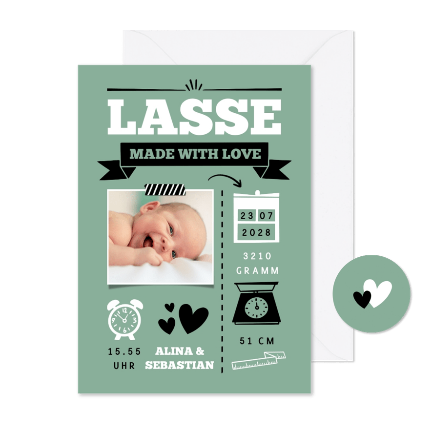 Geburtskarte grün mit kleinen Designelementen & Foto - Karteneindruck