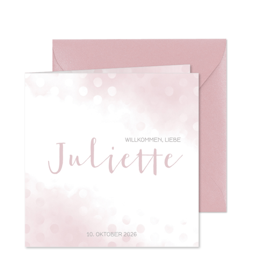 Geburtskarte hellrosa Wasserfarbe und Punkte - Karteneindruck
