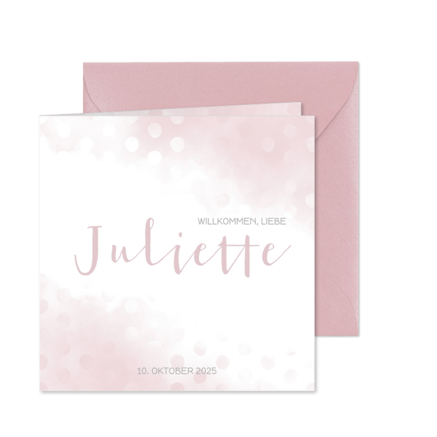Geburtskarte hellrosa Wasserfarbe und Punkte - Karteneindruck