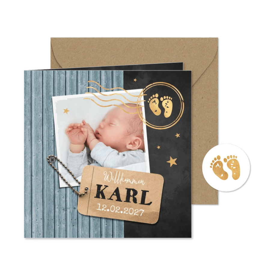 Geburtskarte Holzlook Foto & Label - Karteneindruck