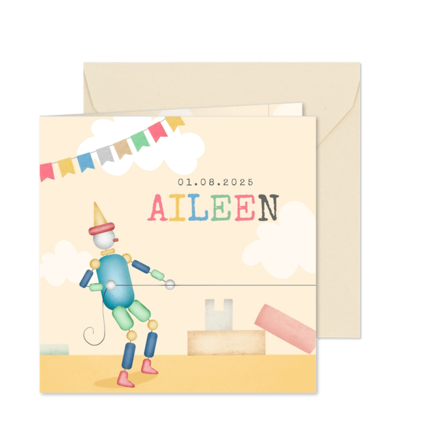 Geburtskarte Holzpuppe mit Zug - Karteneindruck