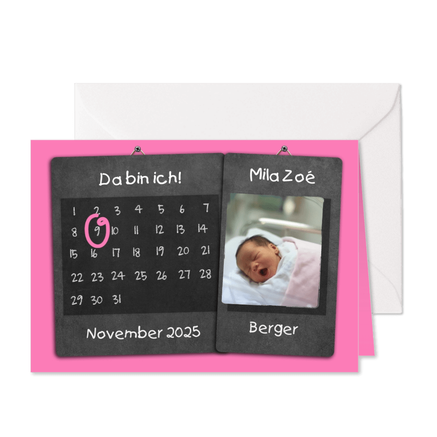 Geburtskarte Kalender rosa auf Kreidetafel mit Foto - Karteneindruck
