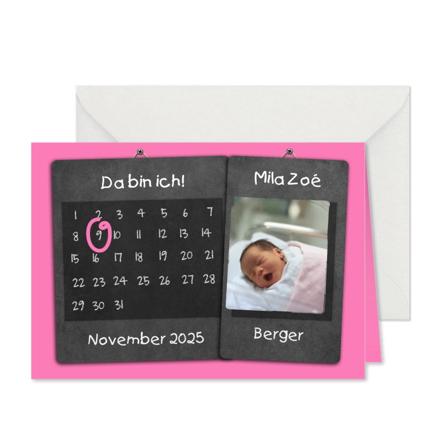 Geburtskarte Kalender rosa auf Kreidetafel mit Foto - Karteneindruck