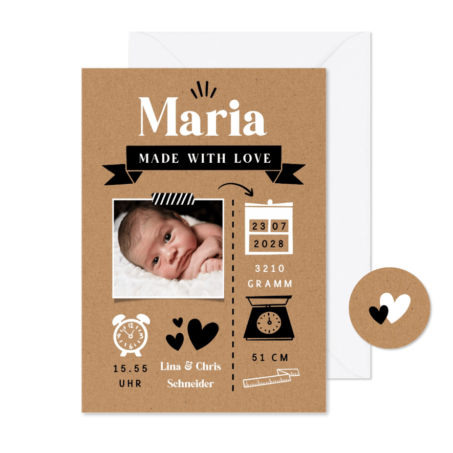 Geburtskarte Kraftlook mit kleinen Designelementen & Foto - Karteneindruck
