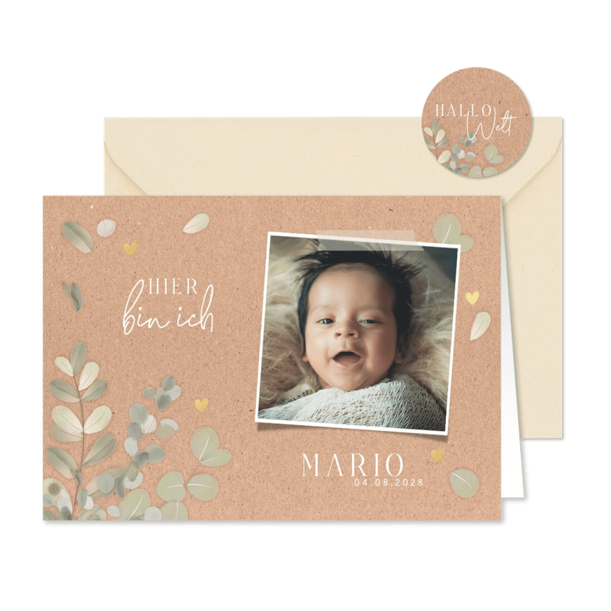 Geburtskarte Kraftlook, zarte Blätter, Foto & Golddruck - Karteneindruck
