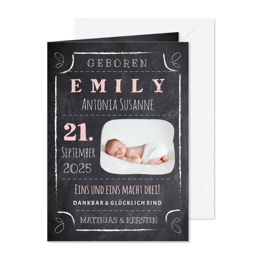 Geburtskarte Kreidetafel mit Foto rosa - Karteneindruck