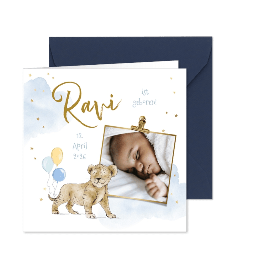 Geburtskarte mit Foto & Löwenjunge - Karteneindruck