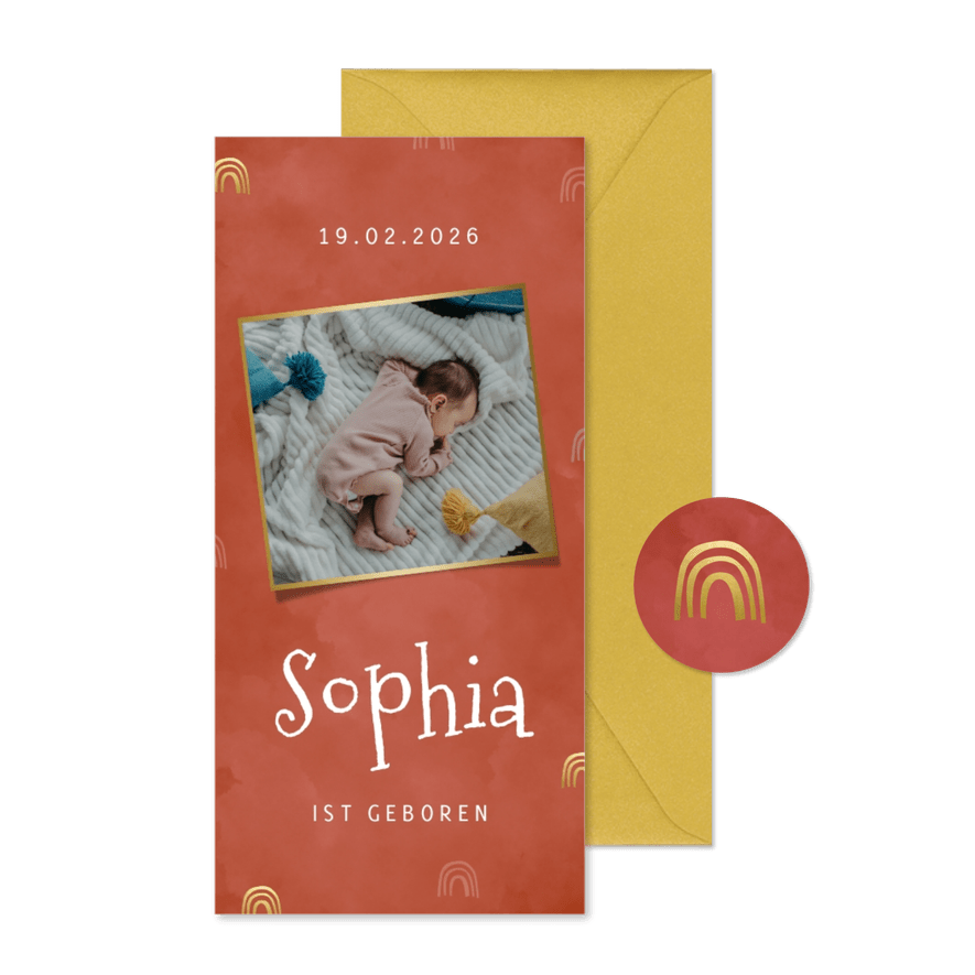 Geburtskarte mit Foto goldene Regenbogen - Karteneindruck