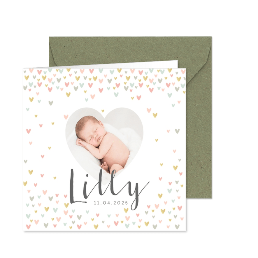 Geburtskarte mit Foto in Herzform & kleinen Herzchen - Karteneindruck