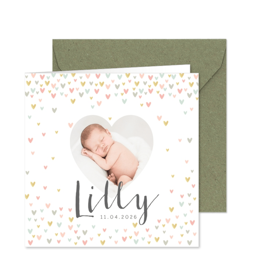 Geburtskarte mit Foto in Herzform & kleinen Herzchen - Karteneindruck
