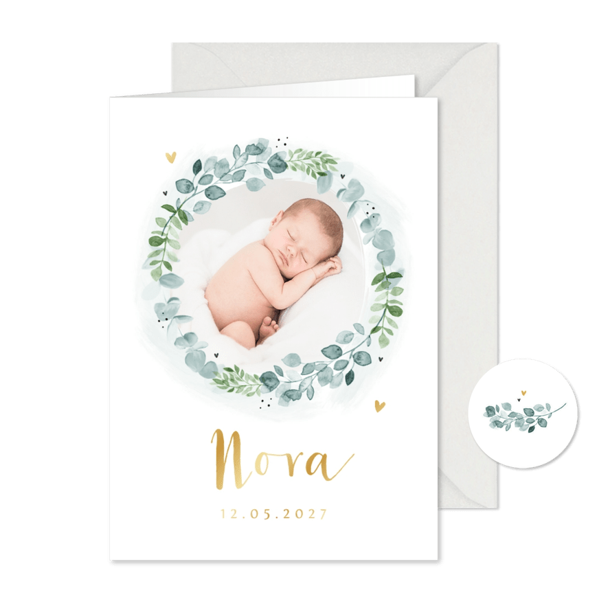 Geburtskarte mit Foto in Kranz botanisch - Karteneindruck