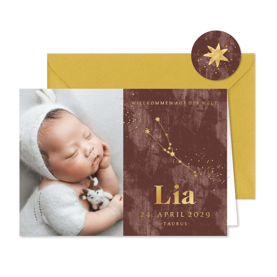 Geburtskarte mit Foto Sternzeichen Stier - Karteneindruck