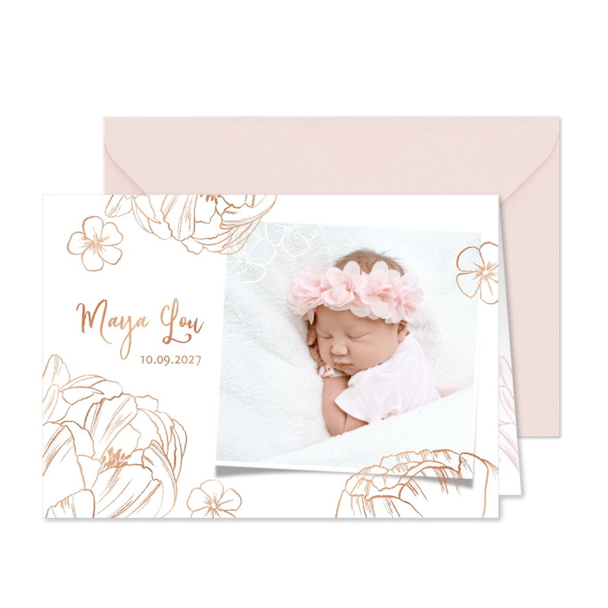 Geburtskarte mit Foto und Pfingstrosen - Karteneindruck