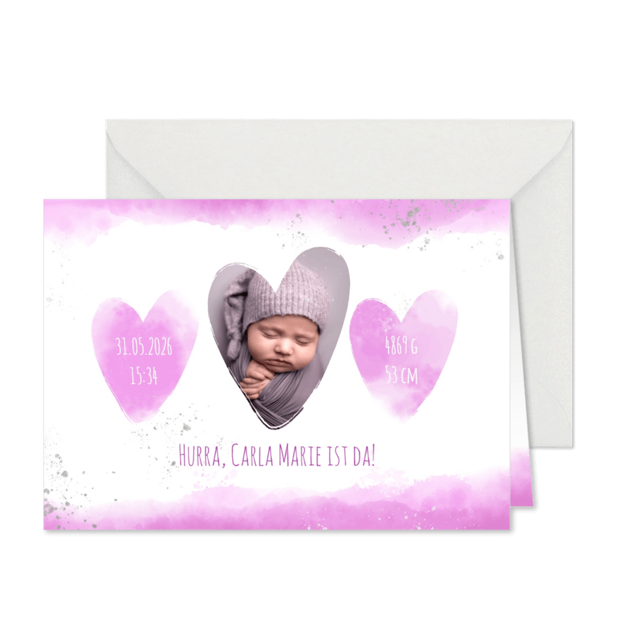 Geburtskarte mit Foto und rosa Herzen - Karteneindruck