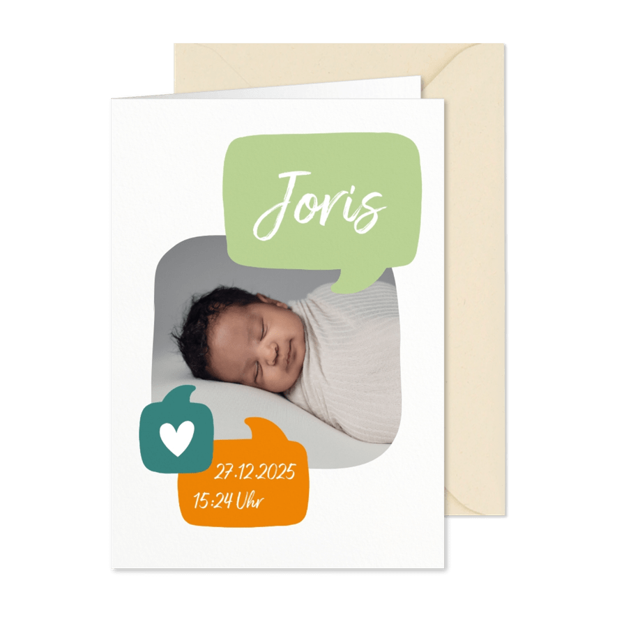 Geburtskarte mit Foto und Sprechblasen - Karteneindruck