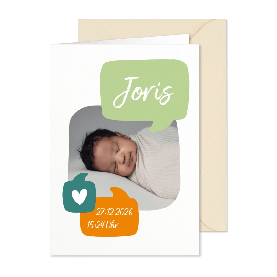 Geburtskarte mit Foto und Sprechblasen - Karteneindruck
