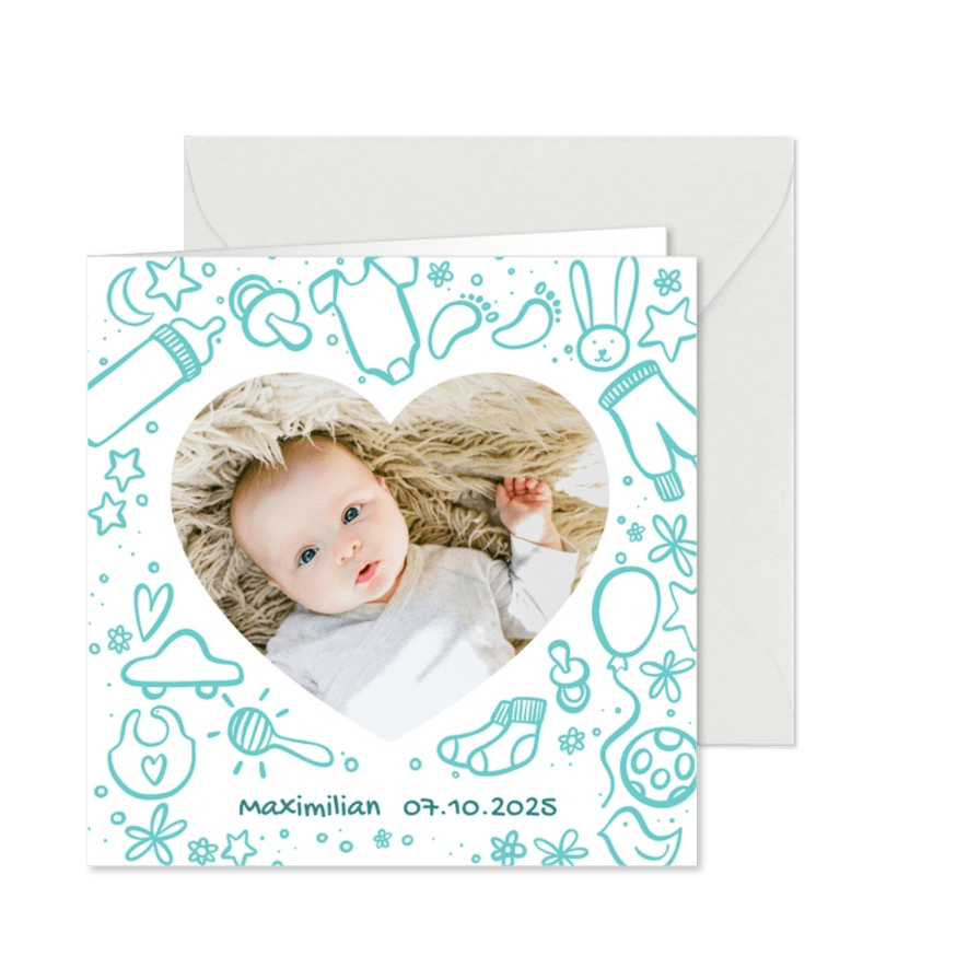 Geburtskarte mit Foto und Zeichnung - Farbe wählbar - Karteneindruck
