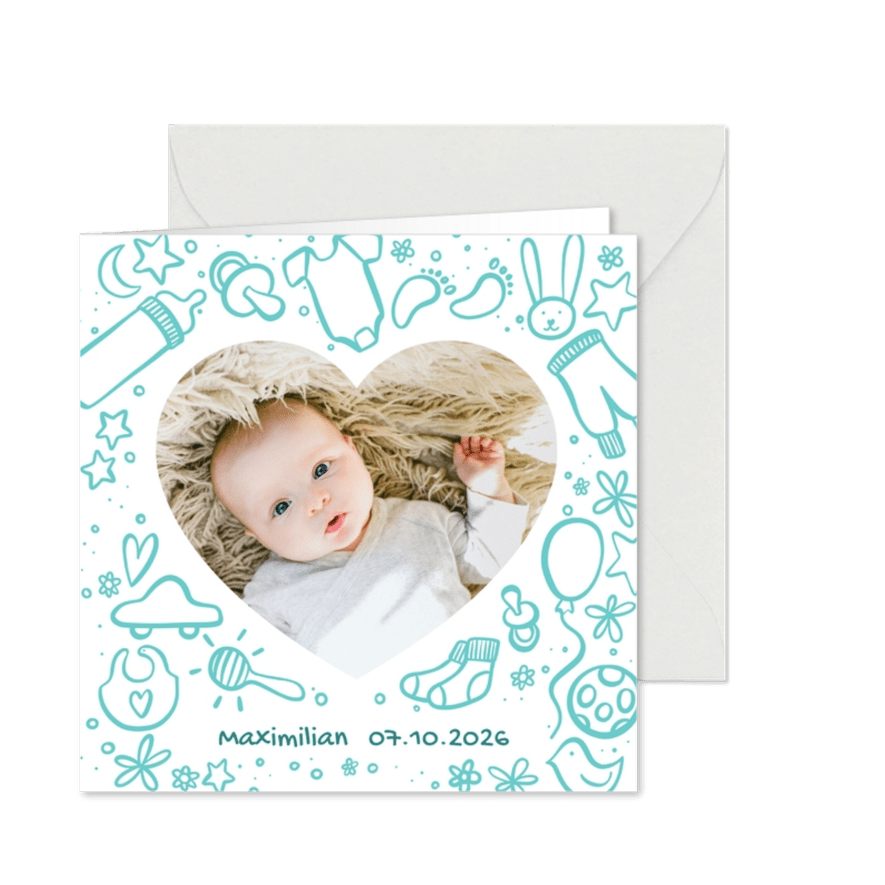 Geburtskarte mit Foto und Zeichnung - Farbe wählbar - Karteneindruck
