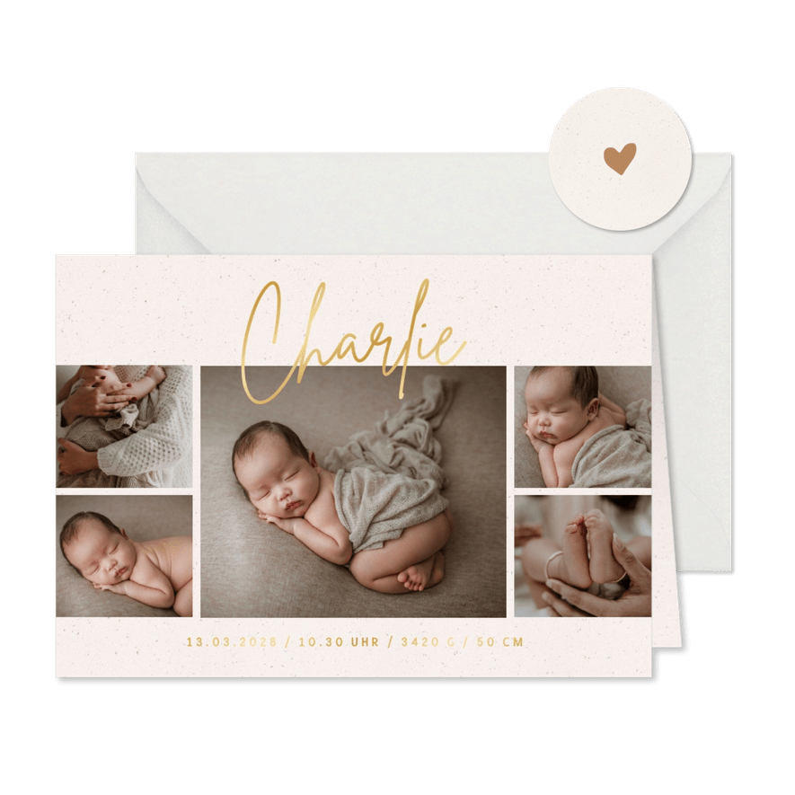Geburtskarte mit Fotocollage & Name in Golddruck - Karteneindruck