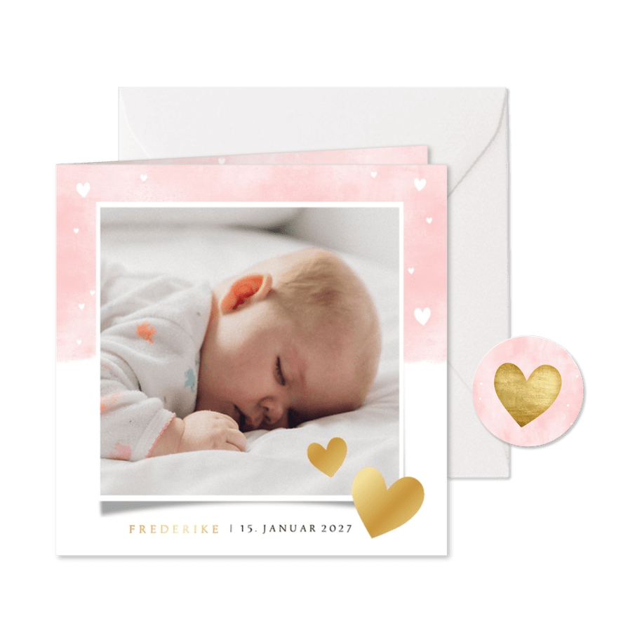 Geburtskarte mit Fotos Auqarelloptik mit Herzen rosa - Karteneindruck