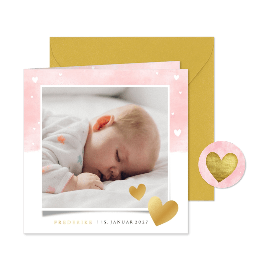 Geburtskarte mit Fotos Auqarelloptik mit Herzen rosa - Kartenvorschau