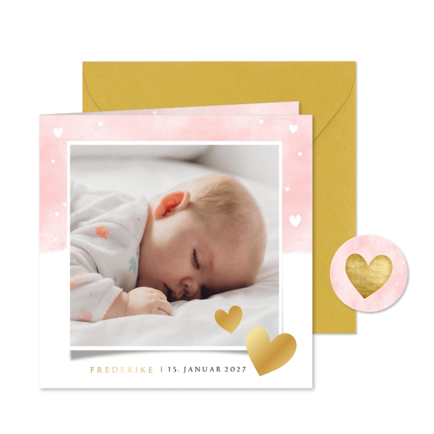 Geburtskarte mit Fotos Auqarelloptik mit Herzen rosa - Karteneindruck