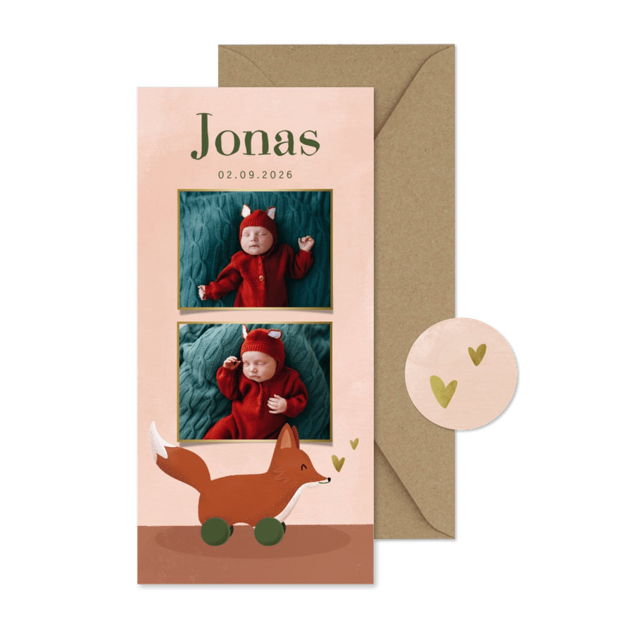 Geburtskarte mit Fotos Spielzeug-Fuchs - Karteneindruck