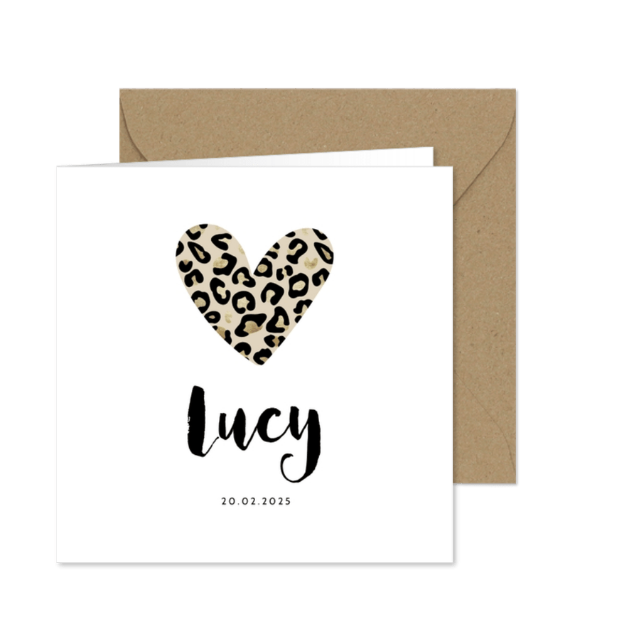 Geburtskarte mit Herz aus Leopardenprint - Karteneindruck
