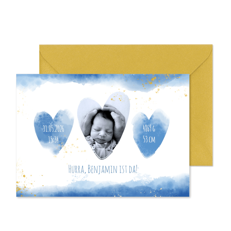 Geburtskarte mit Herzen - Karteneindruck

