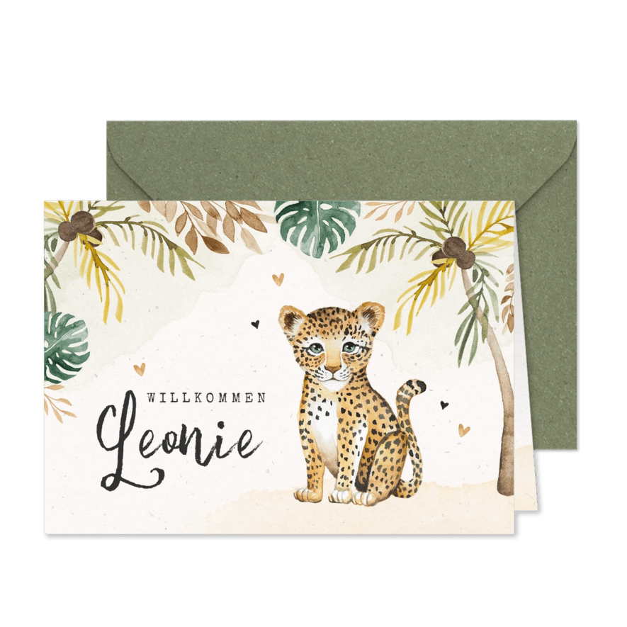 Geburtskarte mit kleinem Leopard und Palmen - Karteneindruck