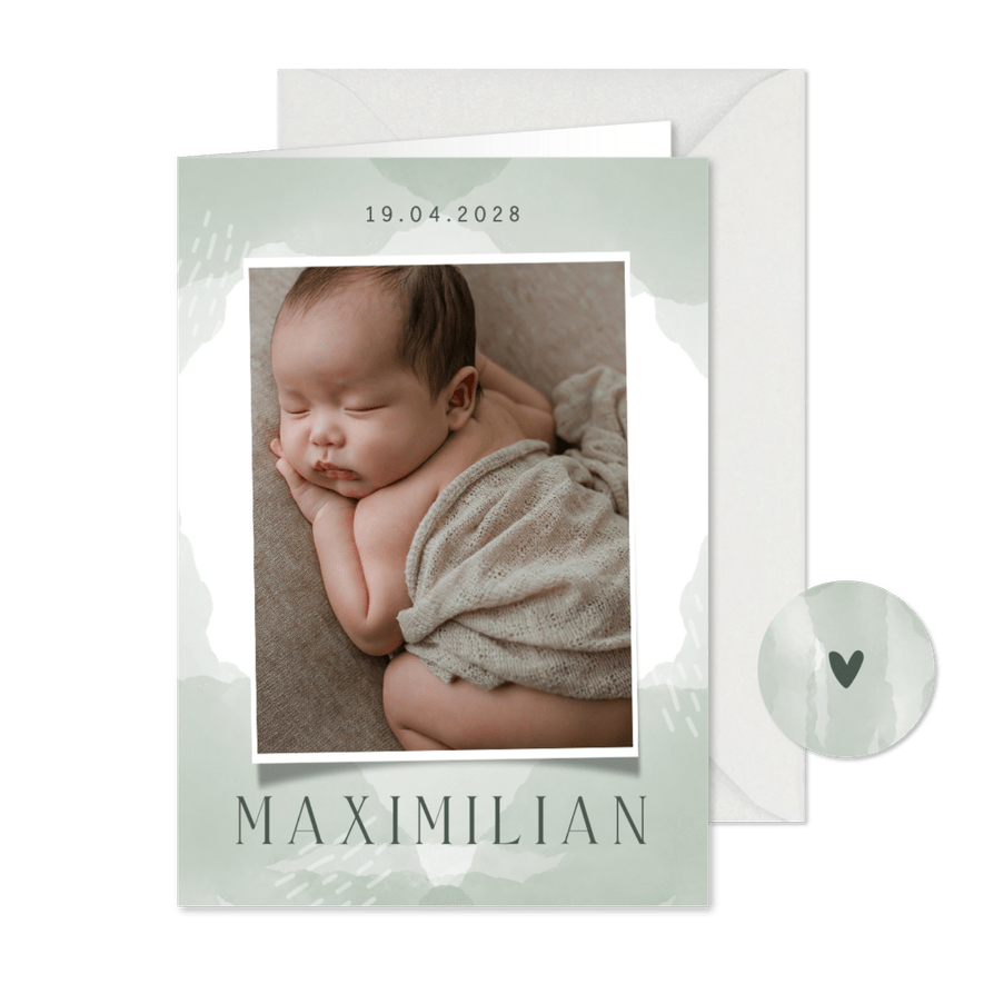 Geburtskarte mit türkisfarbener Wasserfarbe & Foto - Karteneindruck
