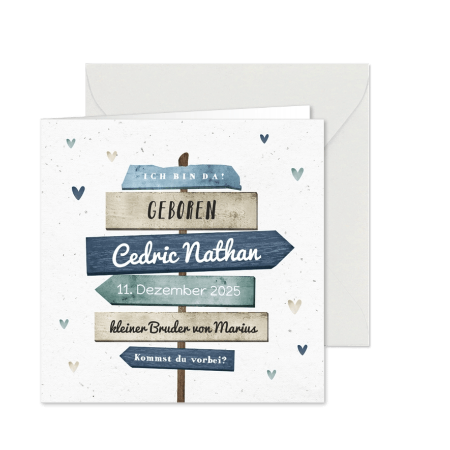 Geburtskarte mit Wegweiser blau - Karteneindruck