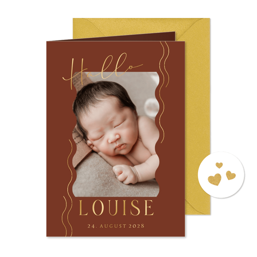 Geburtskarte mit Wellenstruktur und Foto - Karteneindruck