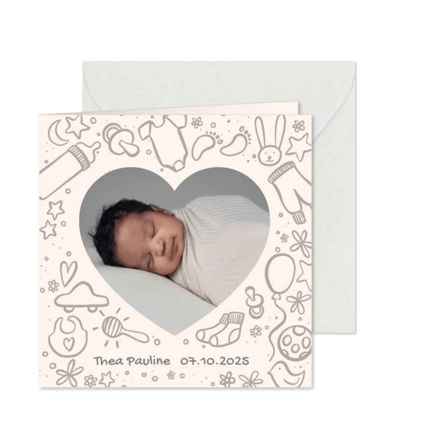 Geburtskarte mit Zeichnung und Foto - Farbe anpassbar - Karteneindruck
