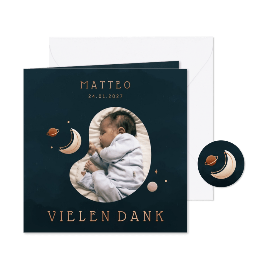 Geburtskarte nachtblau Mond & Planeten Foto - Karteneindruck