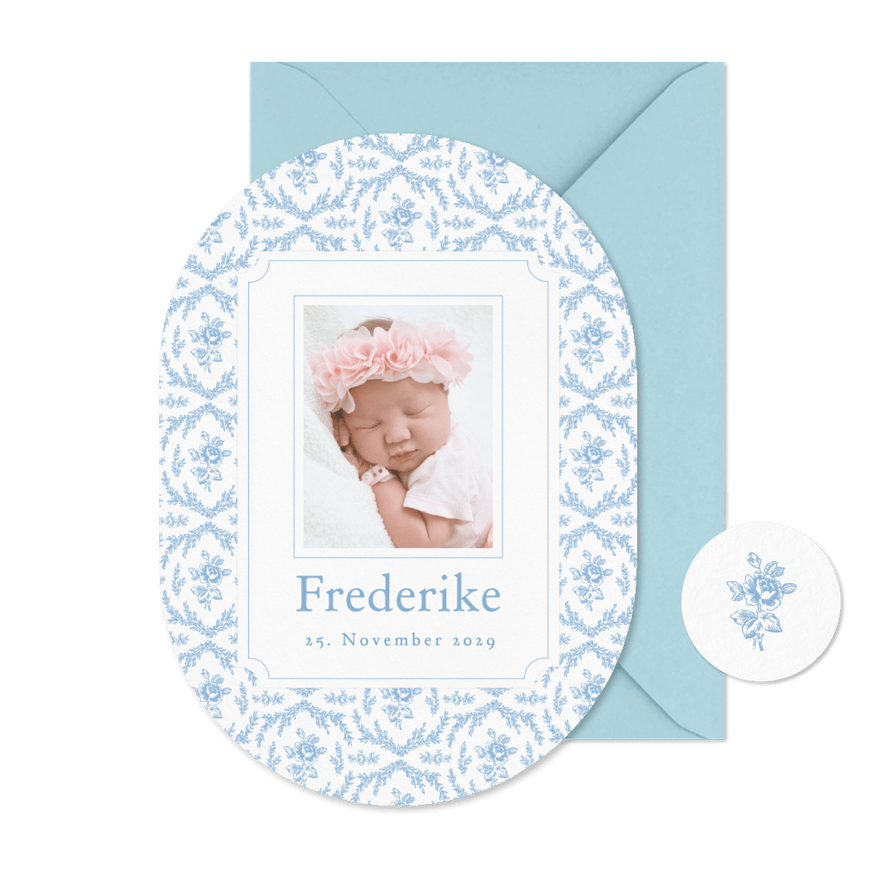 Geburtskarte Oval englische Rose in blau  - Karteneindruck
