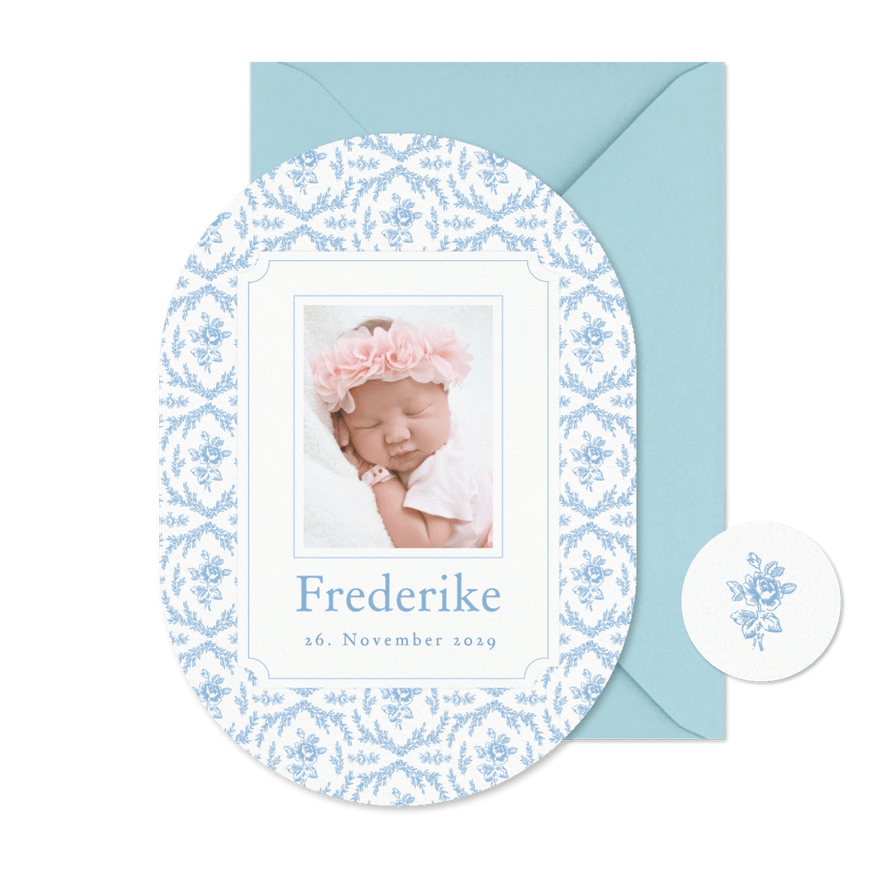 Geburtskarte Oval englische Rose in blau  - Karteneindruck
