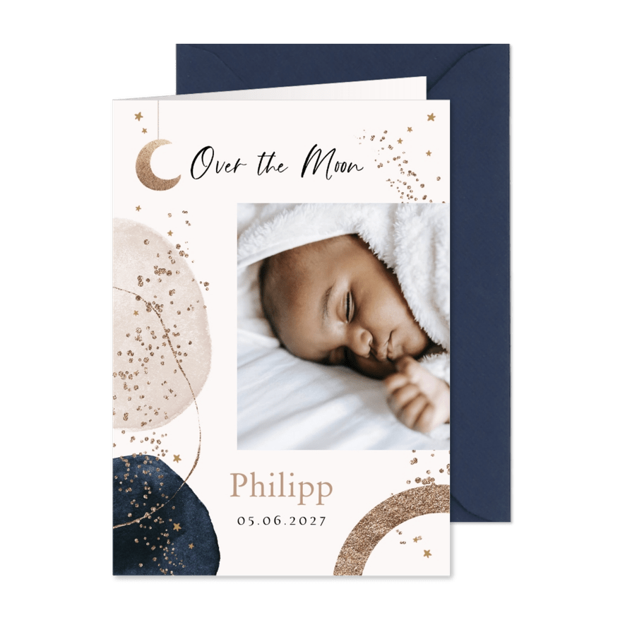 Geburtskarte 'Over the moon' mit Foto - Karteneindruck
