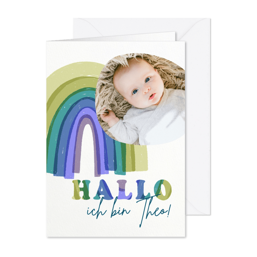 Geburtskarte Regenbogen blau Baby  - Karteneindruck
