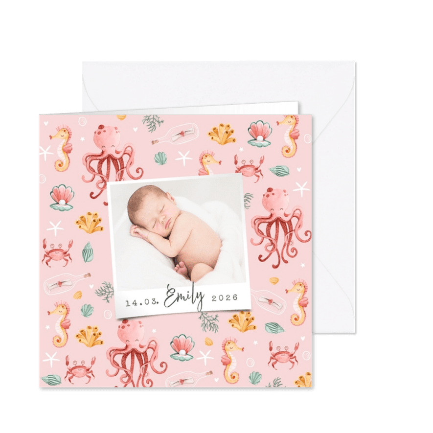 Geburtskarte rosa Unterwasserwelt mit Foto - Karteneindruck

