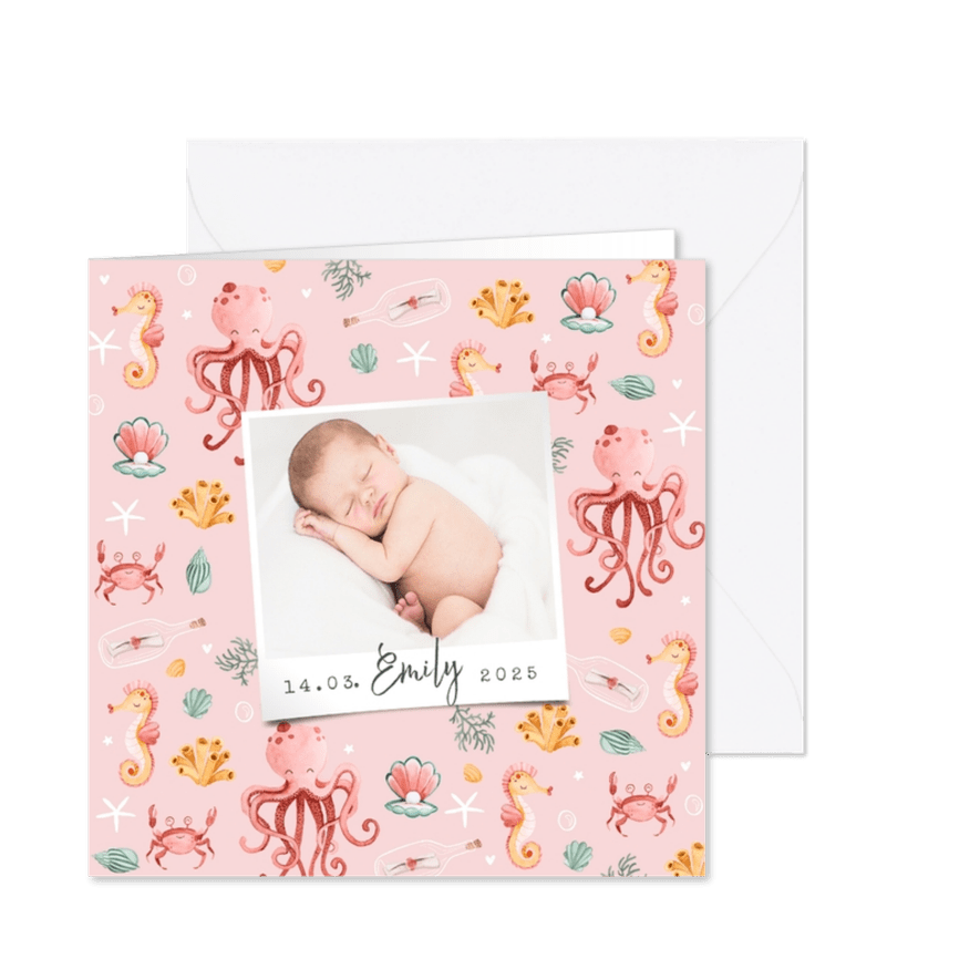 Geburtskarte rosa Unterwasserwelt mit Foto - Karteneindruck
