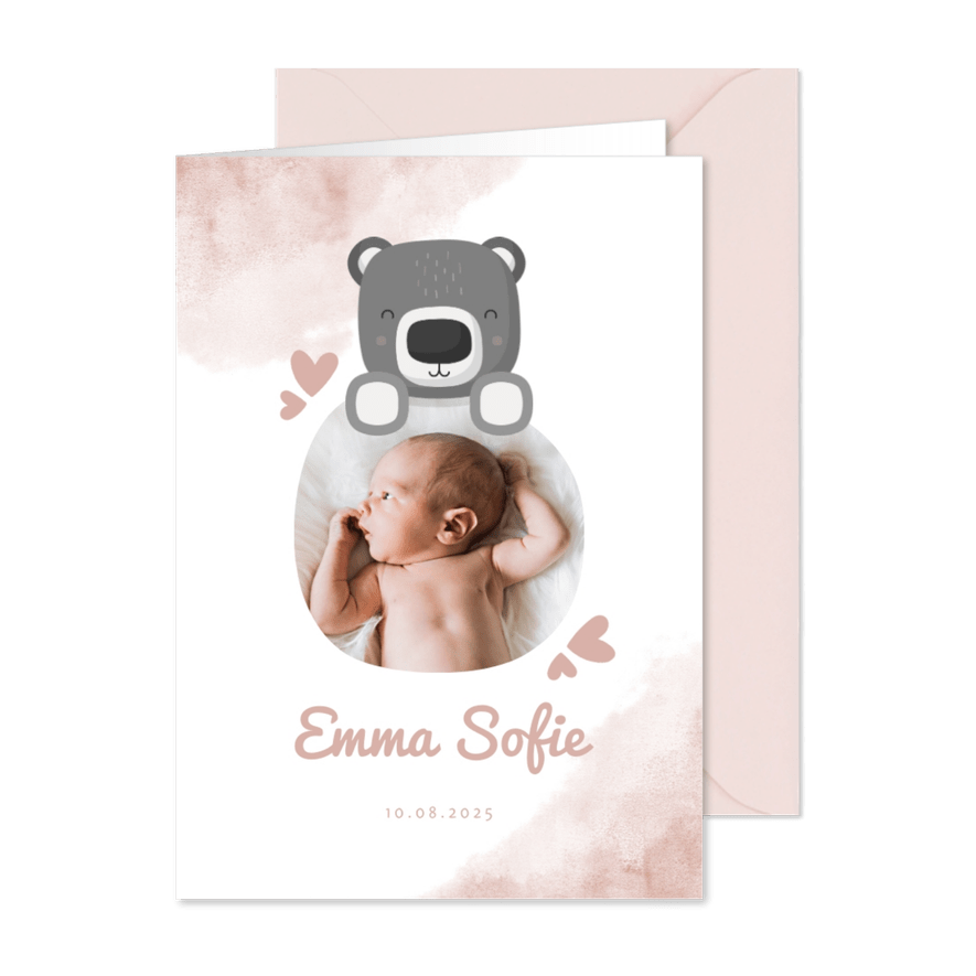 Geburtskarte rosa Wasserfarbe mit Foto & Bär - Karteneindruck

