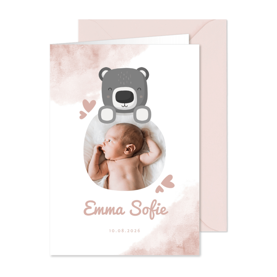 Geburtskarte rosa Wasserfarbe mit Foto & Bär - Karteneindruck