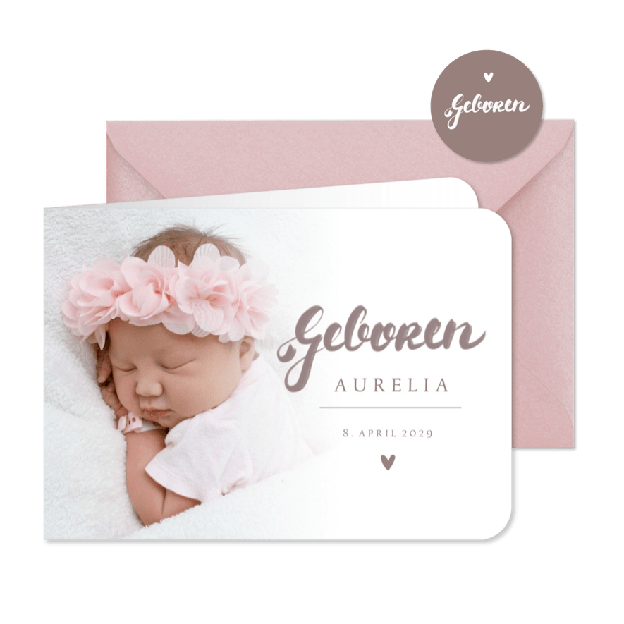 Geburtskarte rosébraune Handschrift & Foto - Karteneindruck